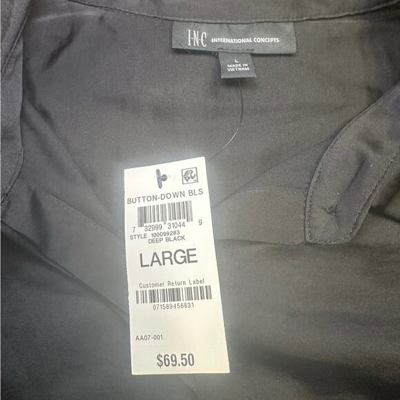 INC International Concepts Black Blouse Size Large Button Up Silky NWT - Picture 3 of 7